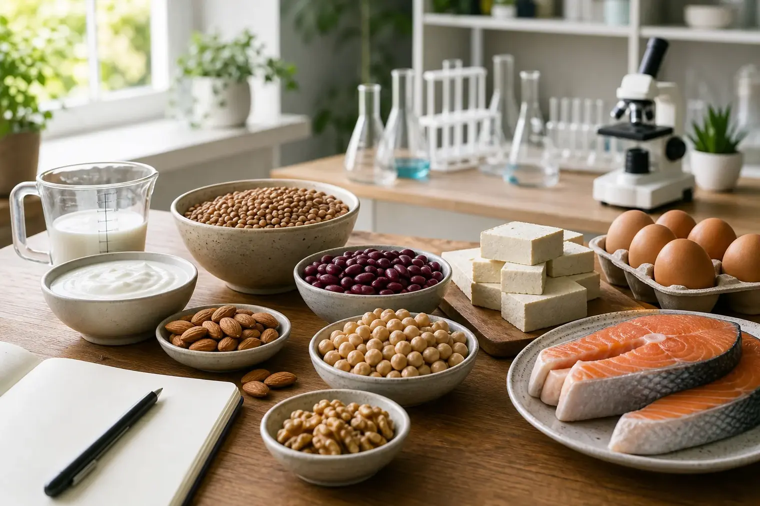 An editorial still life of beans, lentils, tofu, eggs, fish, dairy and a measuring cup on a kitchen table beside a notebook.