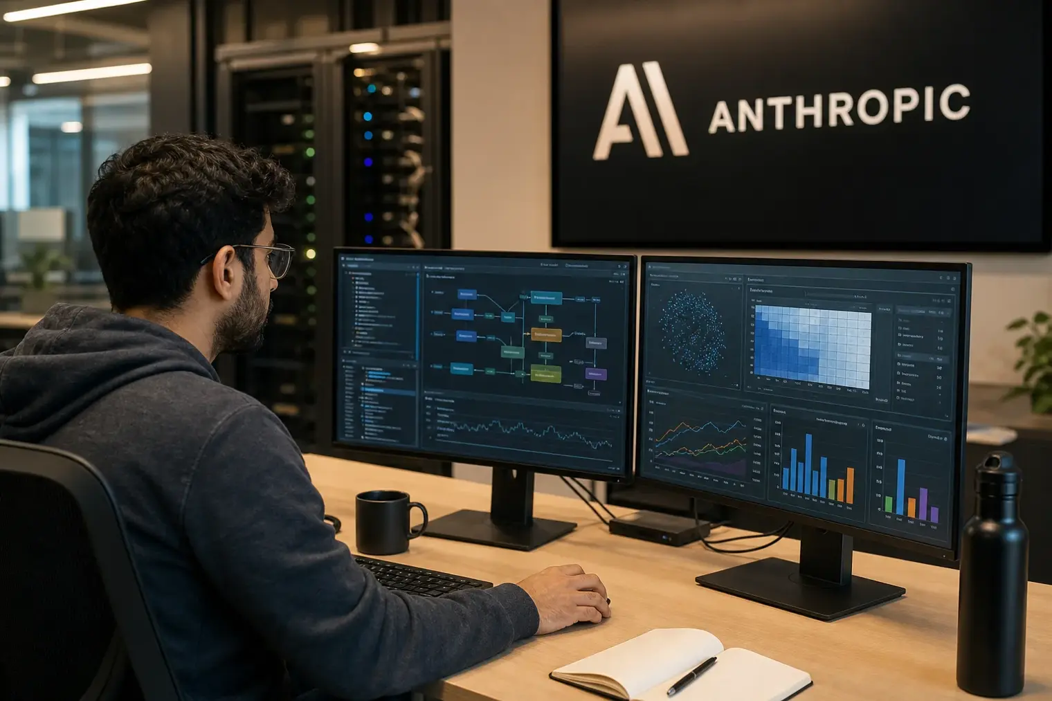An engineer reviews an AI-assisted software workflow on multiple monitors in a modern office, with the Anthropic logo displayed on a wall screen.