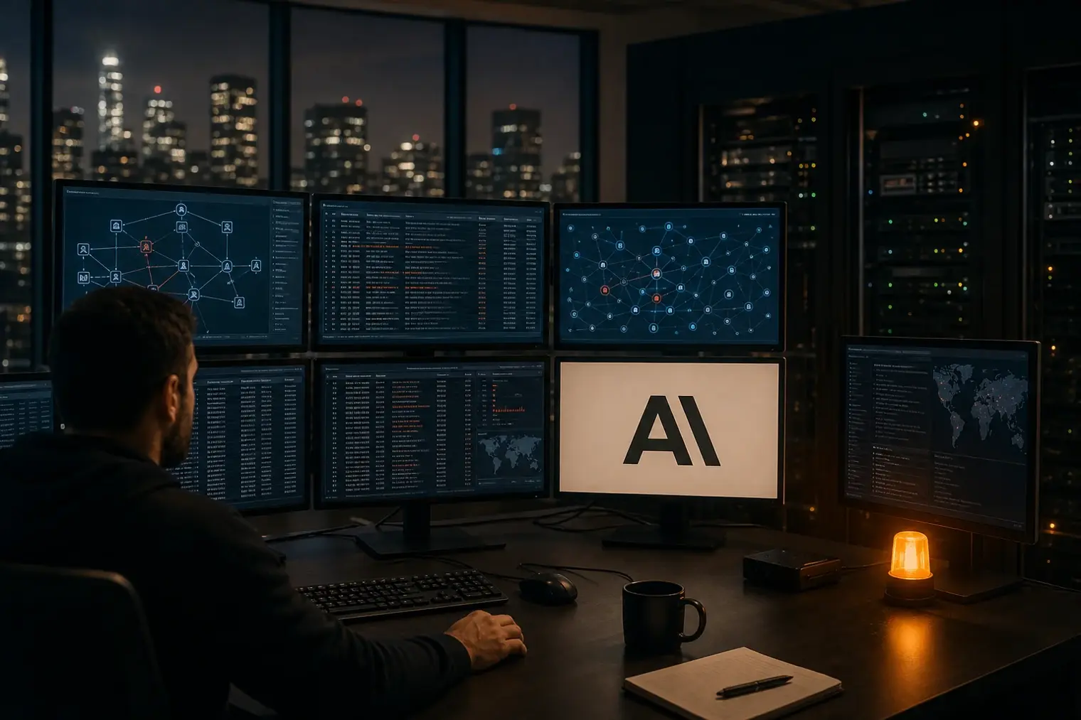 An AI cybersecurity testing workstation with network monitoring screens and the Anthropic logo visible on a display.