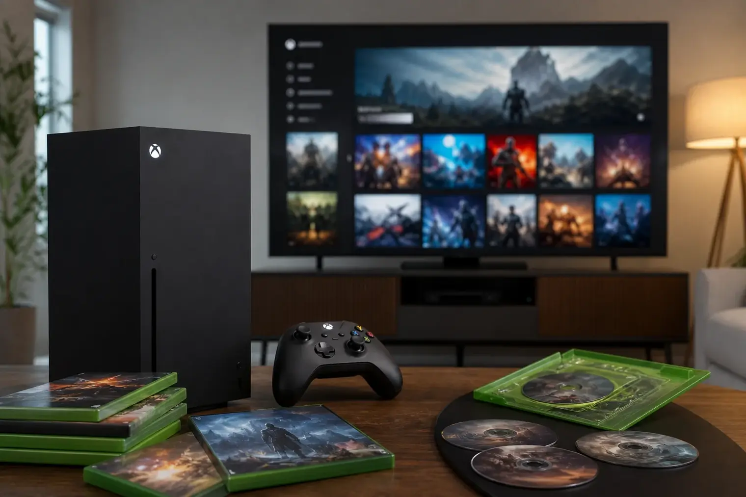 An Xbox Series X console beside a neatly arranged collection of Xbox game discs, with a digital game library displayed on a television.