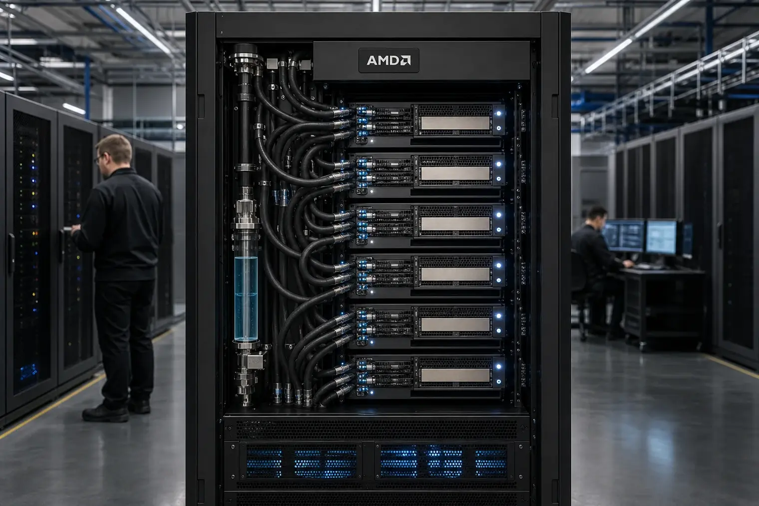 A liquid-cooled AI data-centre rack with AMD Instinct accelerator trays, visible coolant lines and the AMD logo on a front panel.