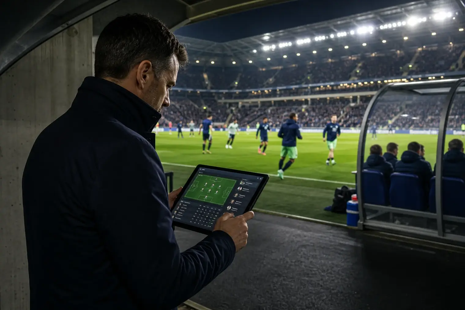 A football manager studies a digital squad and transfer dashboard beside a floodlit stadium before a match.