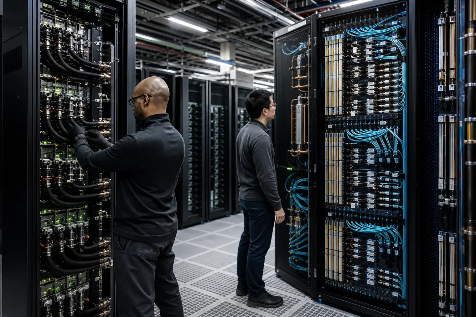 Engineers working in a modern AI datacentre aisle between liquid-cooled server racks containing accelerator systems.