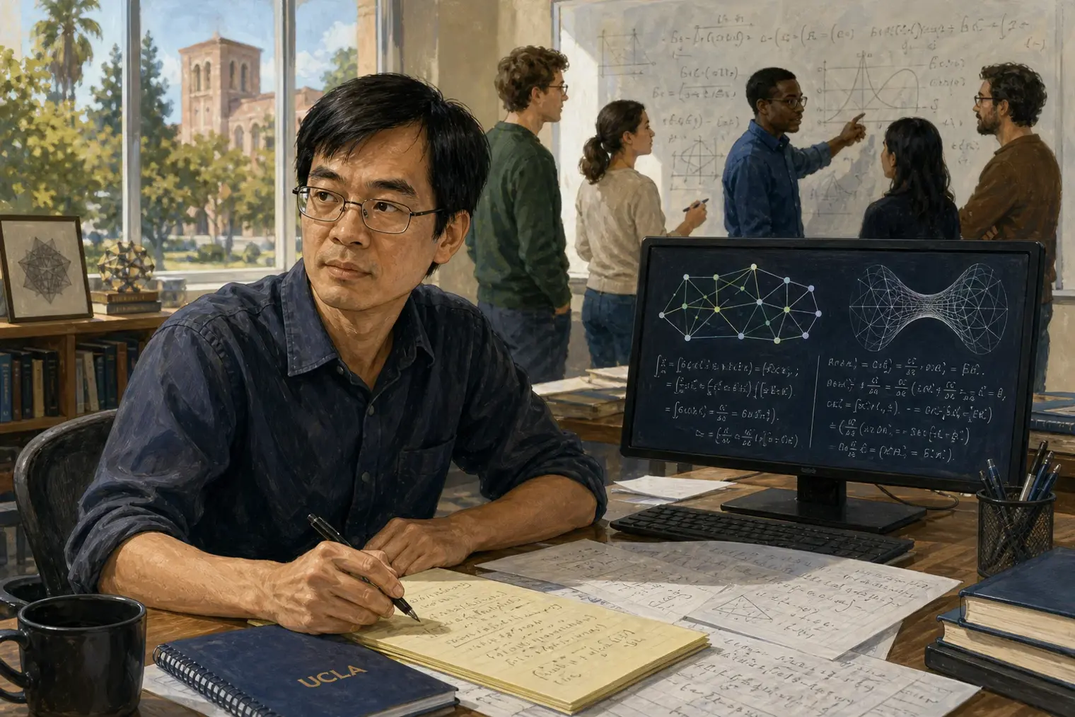 Terence Tao working at a desk with handwritten mathematical notes, a computer showing abstract proof diagrams and researchers collaborating in the background.