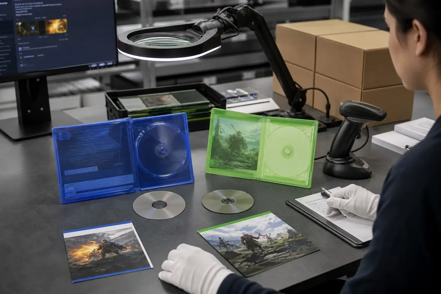 A close-up editorial scene of a PlayStation 5 game disc and an Xbox Series game disc on a quality-control workstation with cases and packaging materials.
