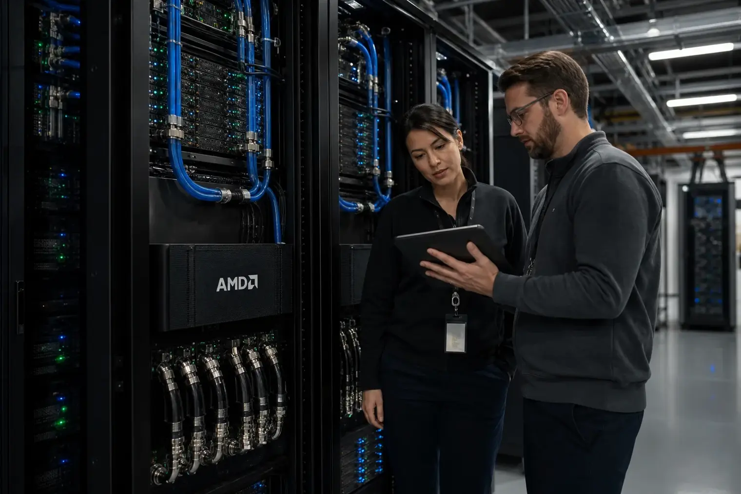 AMD-branded AI server racks in a modern data centre, with engineers monitoring compute infrastructure.
