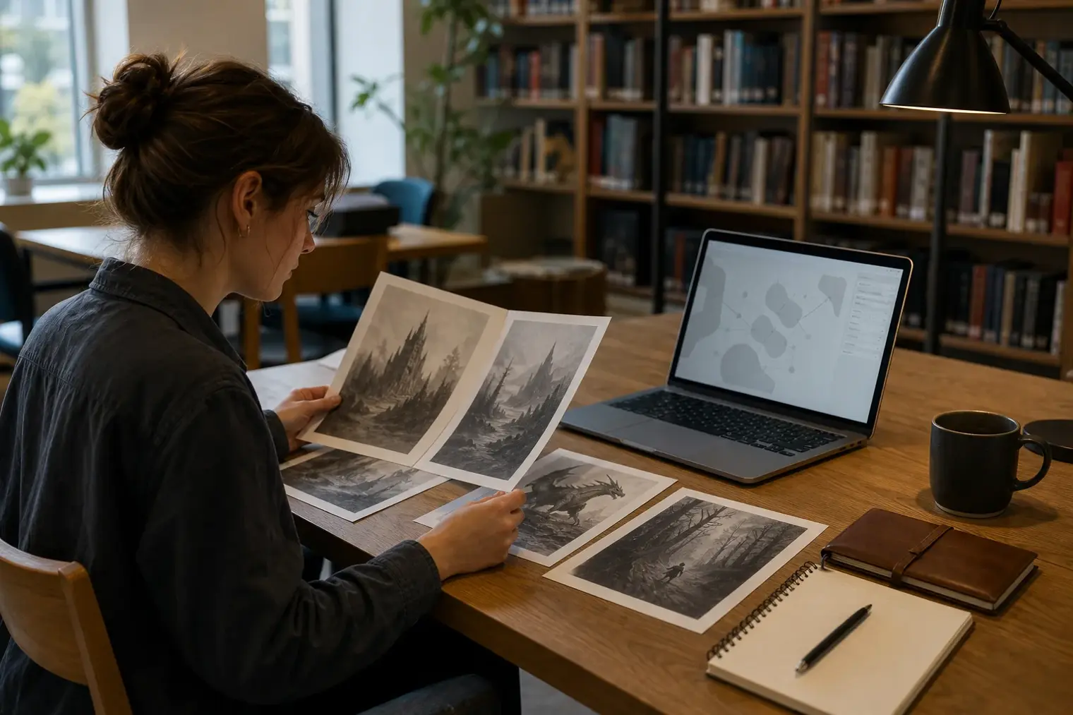 A reader compares printed fantasy story pages beside a laptop displaying an abstract AI writing interface in a quiet library.