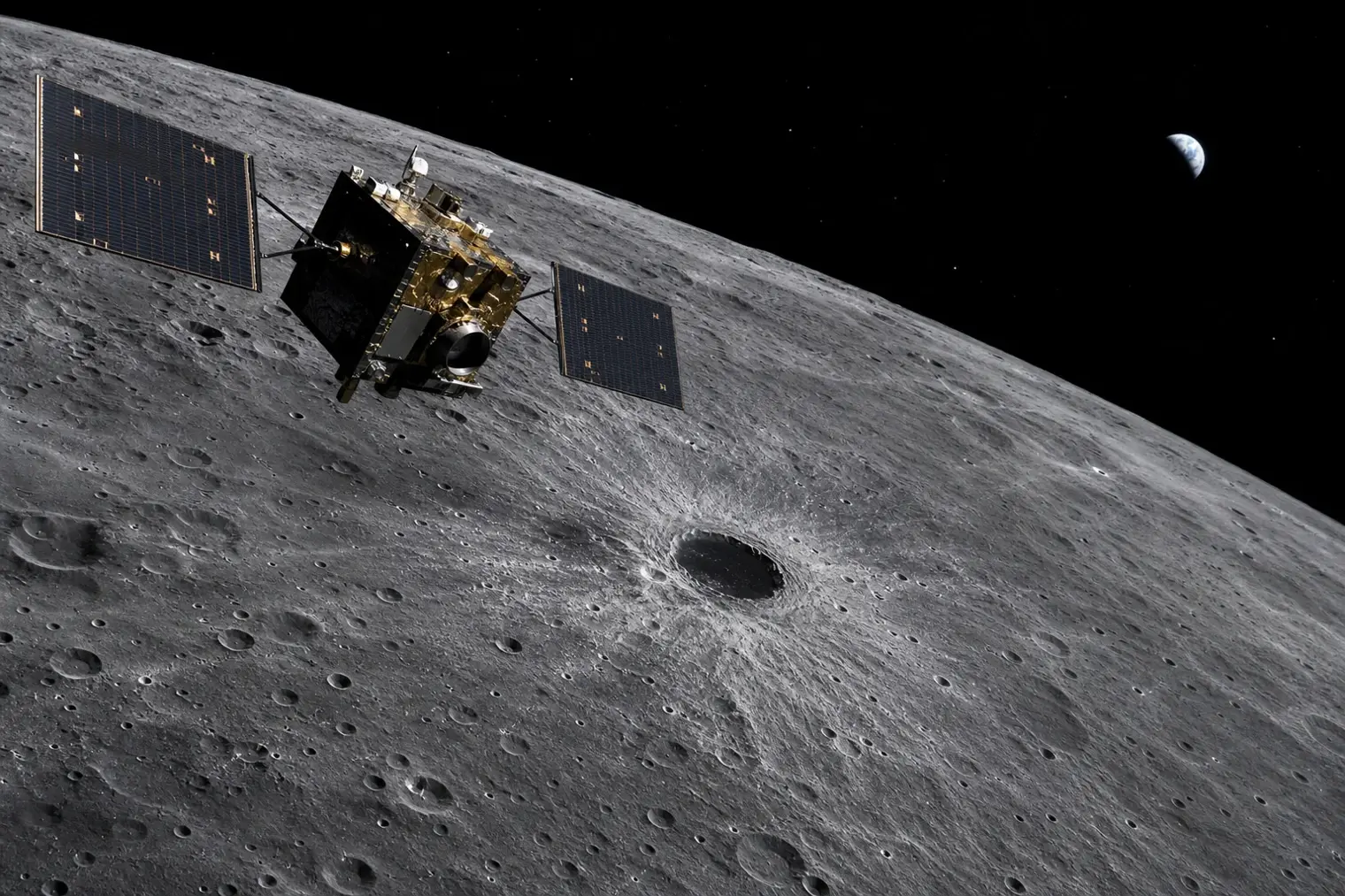 Editorial illustration of a South Korean lunar orbiter imaging a fresh dark impact mark on the Moon’s surface.