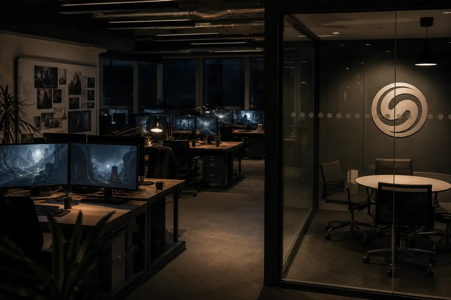 A quiet game development studio with workstations, horror-game concept art and the Supermassive Games logo on a wall.