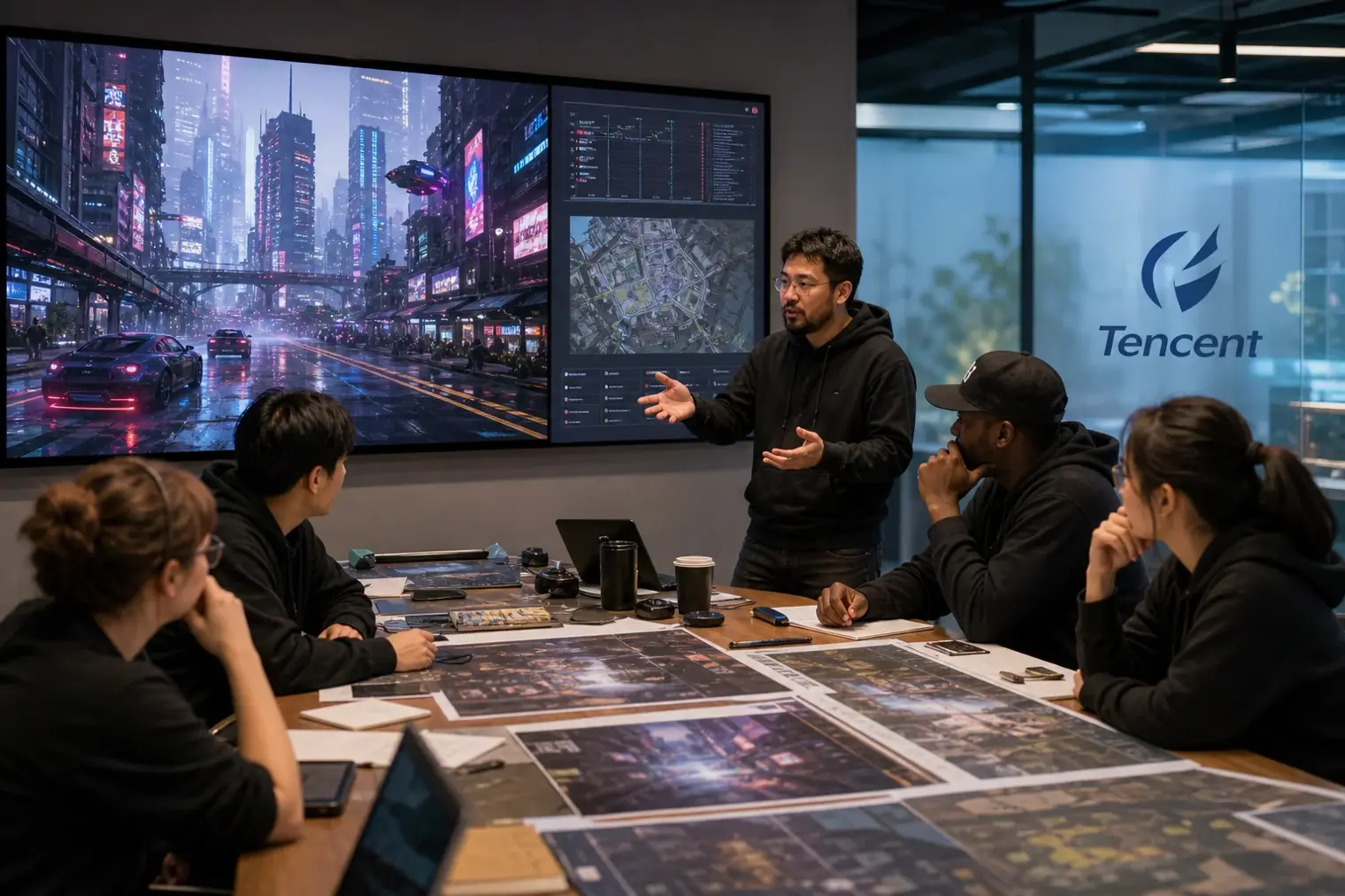 A game development studio meeting room with developers reviewing a futuristic Tokyo open-world game on large displays and a Tencent logo on a glass wall.