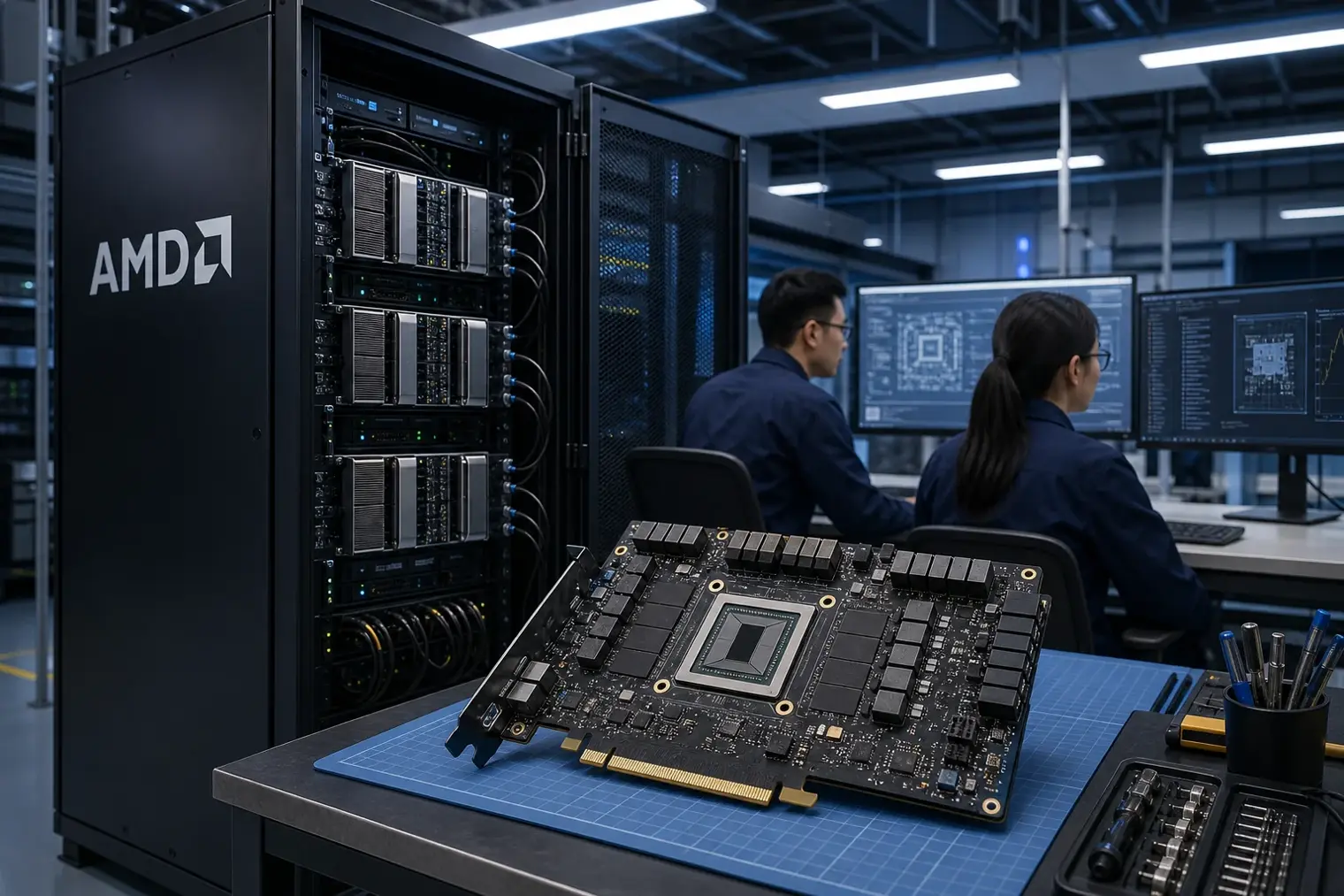 An AMD-branded data-centre rack beside a specialised AI accelerator board on an engineering workbench.