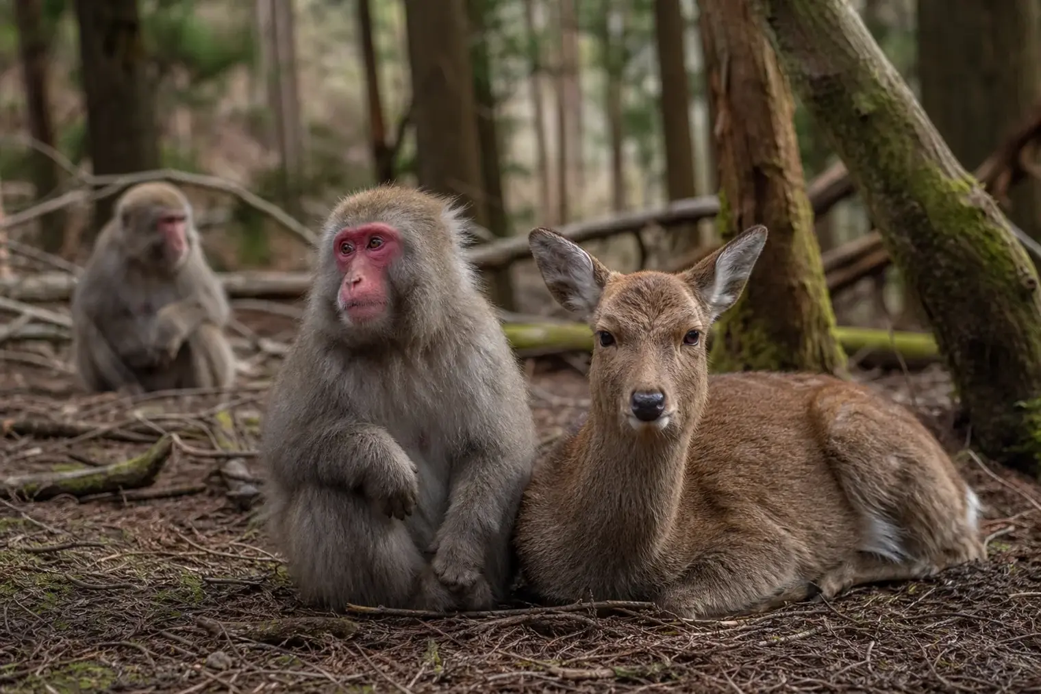 A Japanese macaque sitting calmly beside a sika deer in a wooded Japanese landscape.
