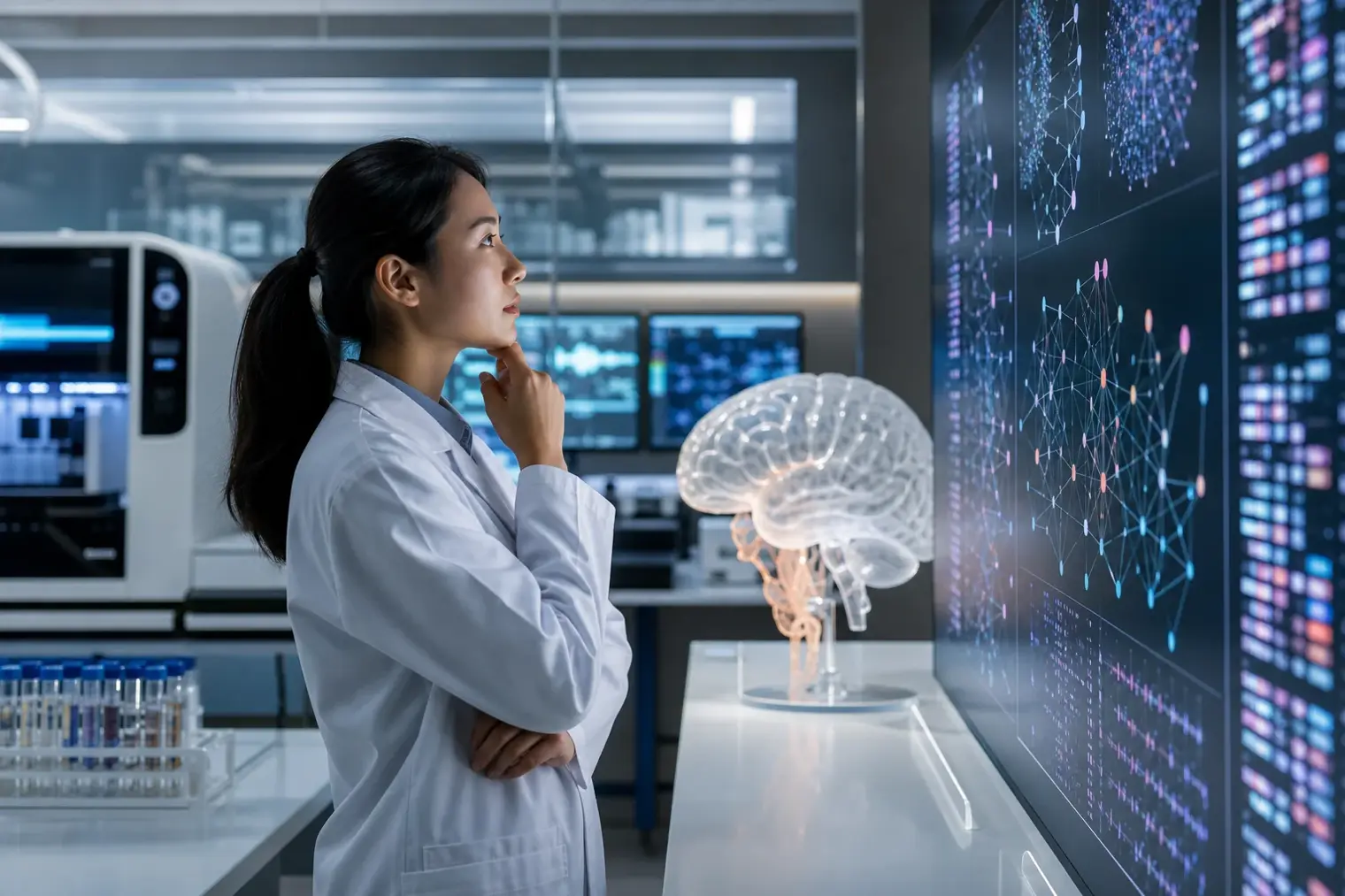 Editorial illustration of a researcher examining connected genomic data patterns beside a stylised human brain model in a genetics laboratory.