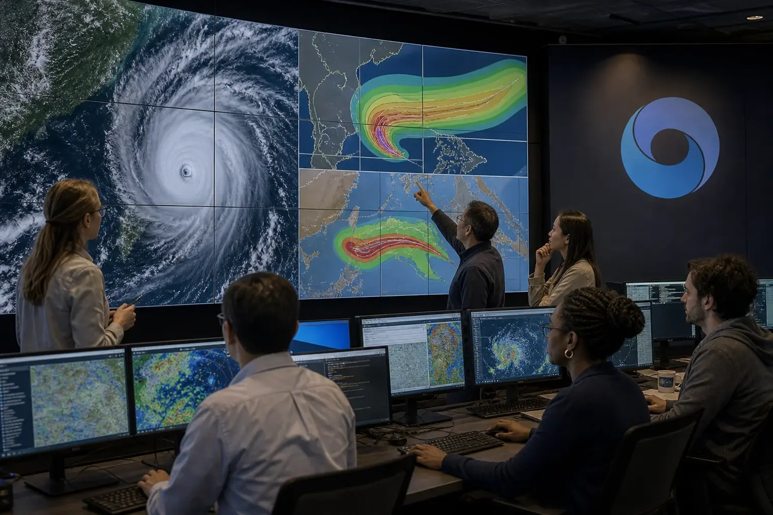 A tropical cyclone over the ocean shown beside meteorologists reviewing probabilistic storm tracks on large forecasting displays.