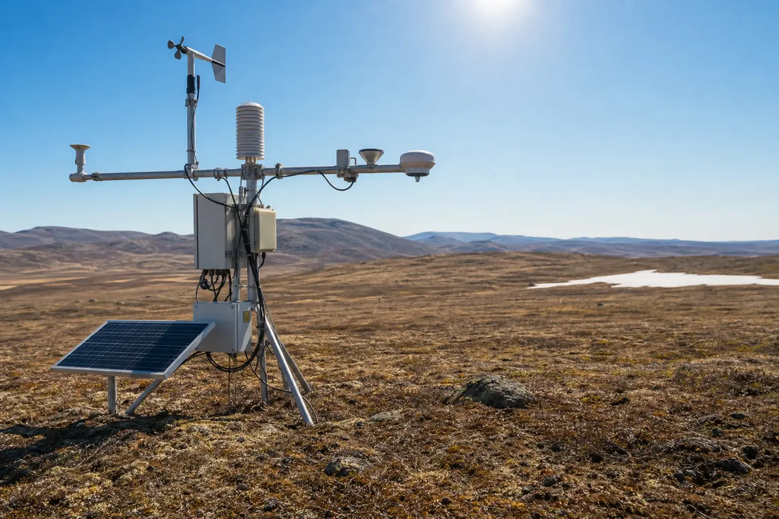 A weather station on a sunlit tundra landscape in northern Russia, with patches of thawed ground and distant low hills.