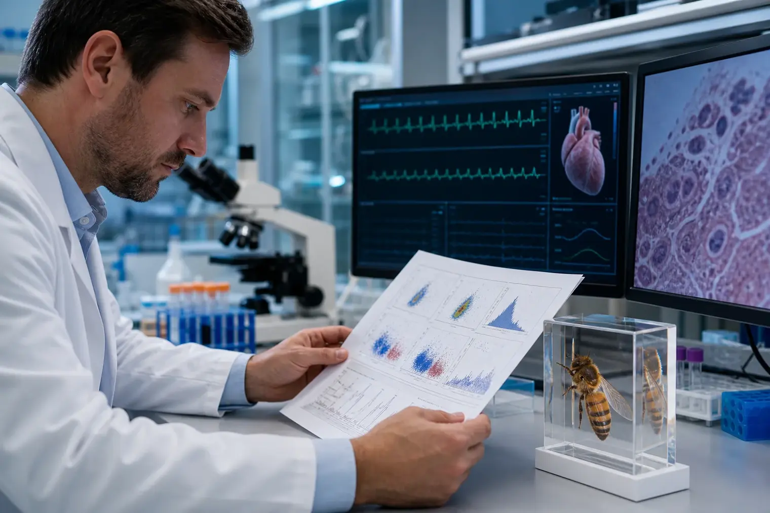 A transplant specialist reviewing immune test results beside a heart-monitor display and a bee specimen in a clinical laboratory.