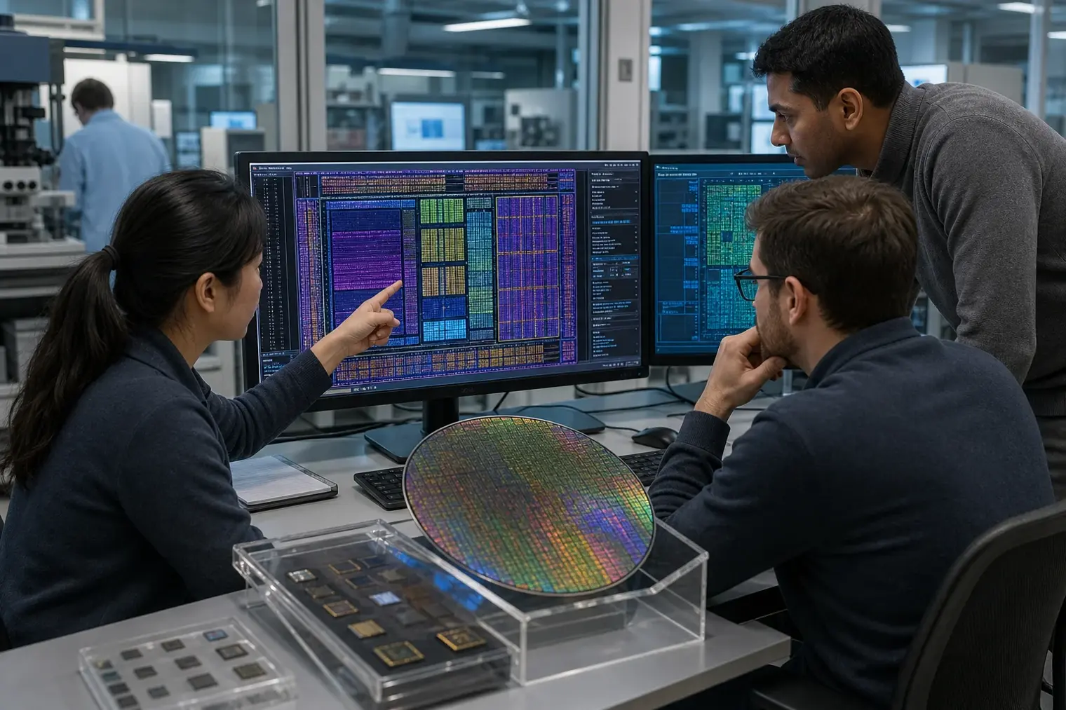 An editorial illustration of semiconductor engineers examining a processor die layout and silicon wafer in a chip design laboratory.