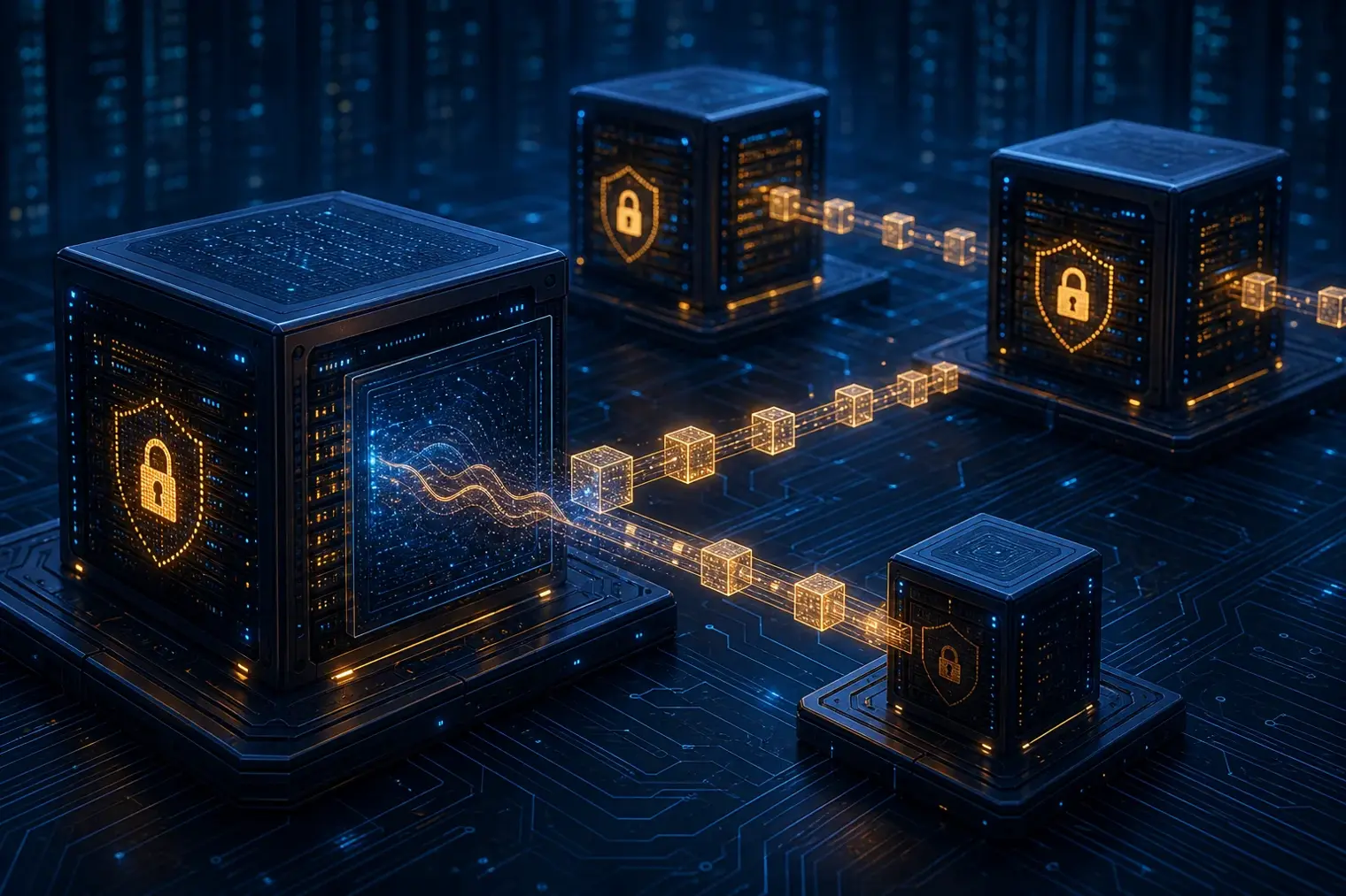 An abstract editorial illustration of encrypted AI data flowing between connected server nodes, with a warning symbol and obscured text-like patterns.