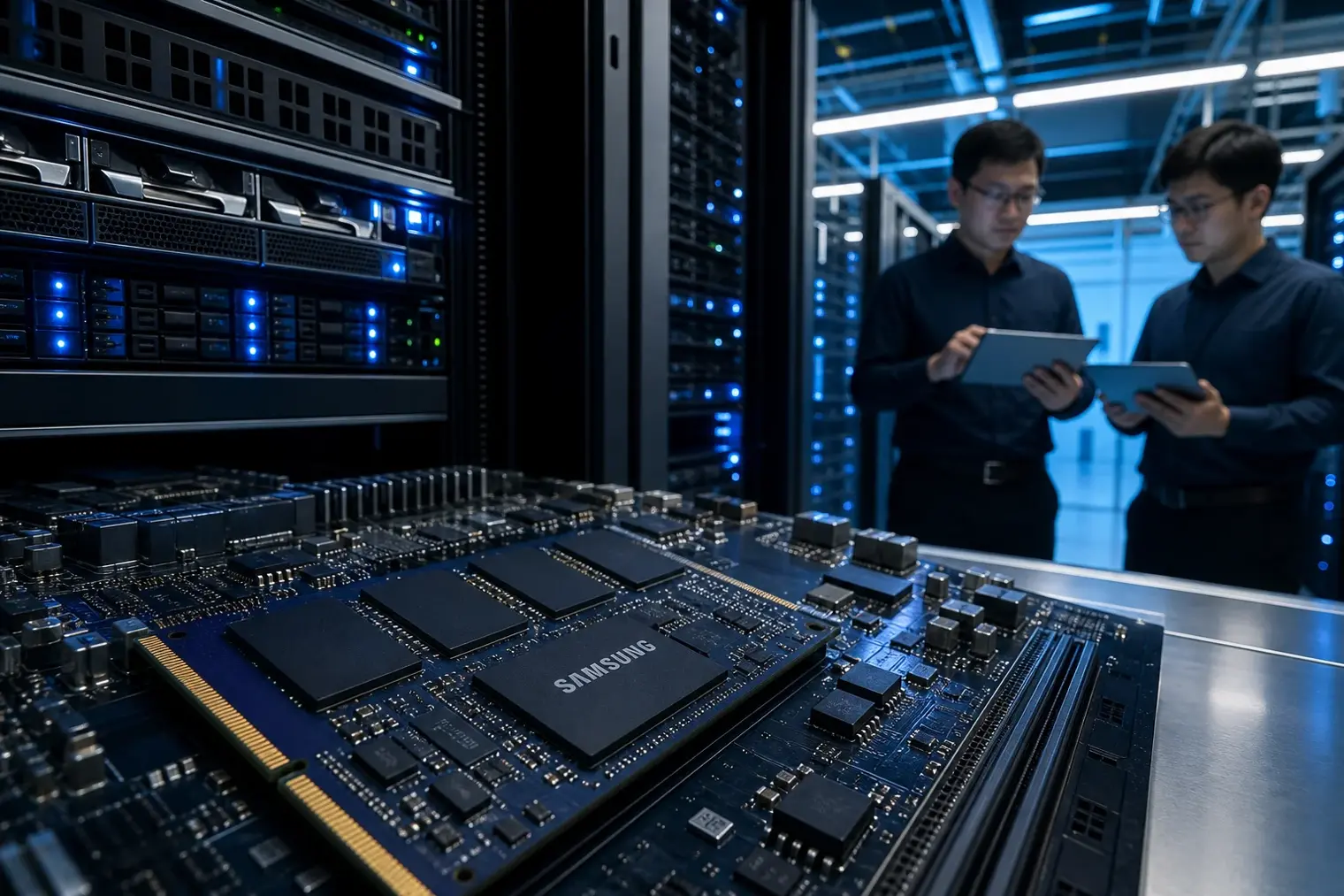 Samsung-branded memory chips on a server board in an AI data-centre setting.