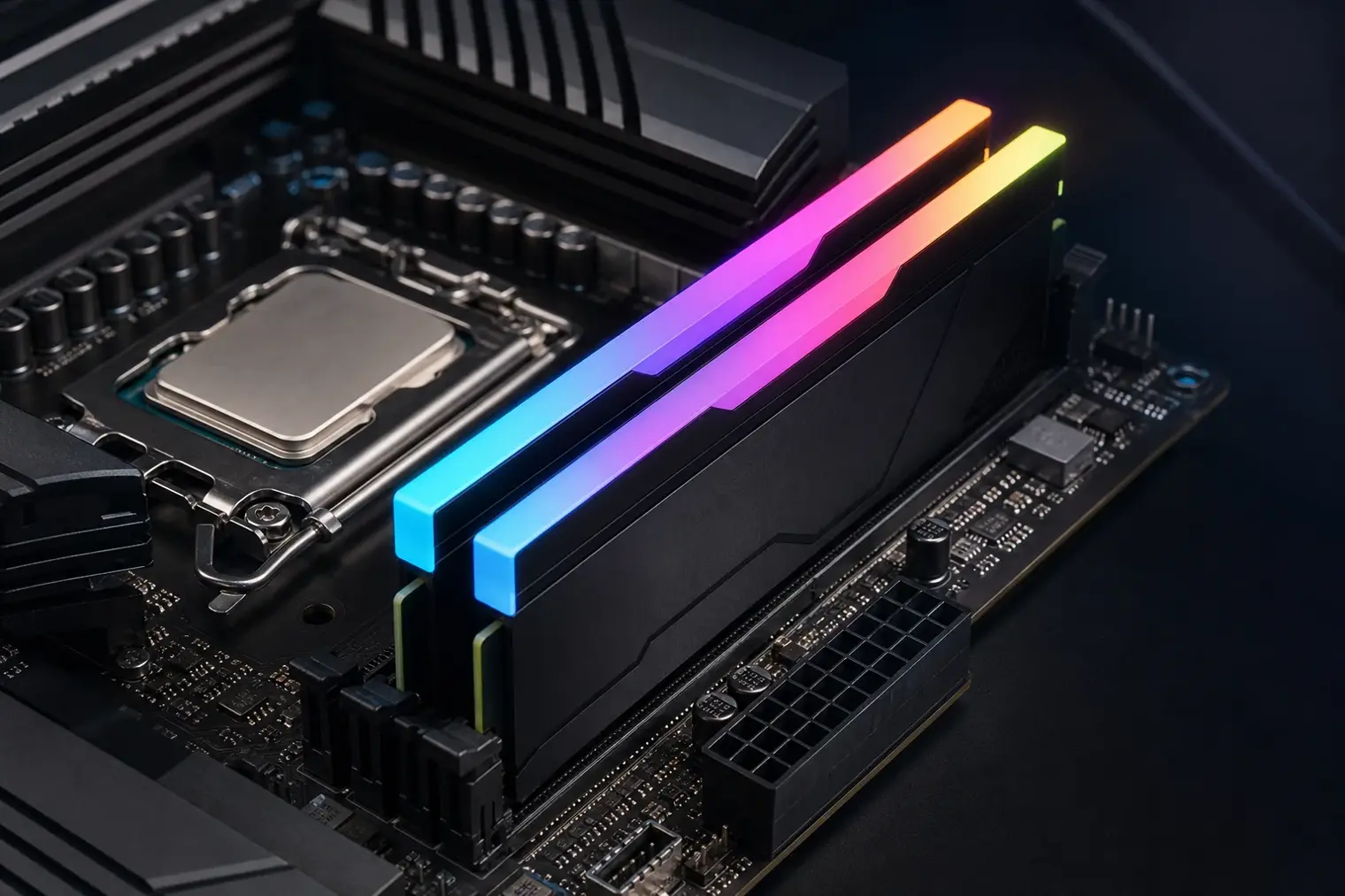 Two RGB-equipped DDR5 desktop memory modules installed in a high-end motherboard beside a processor socket.