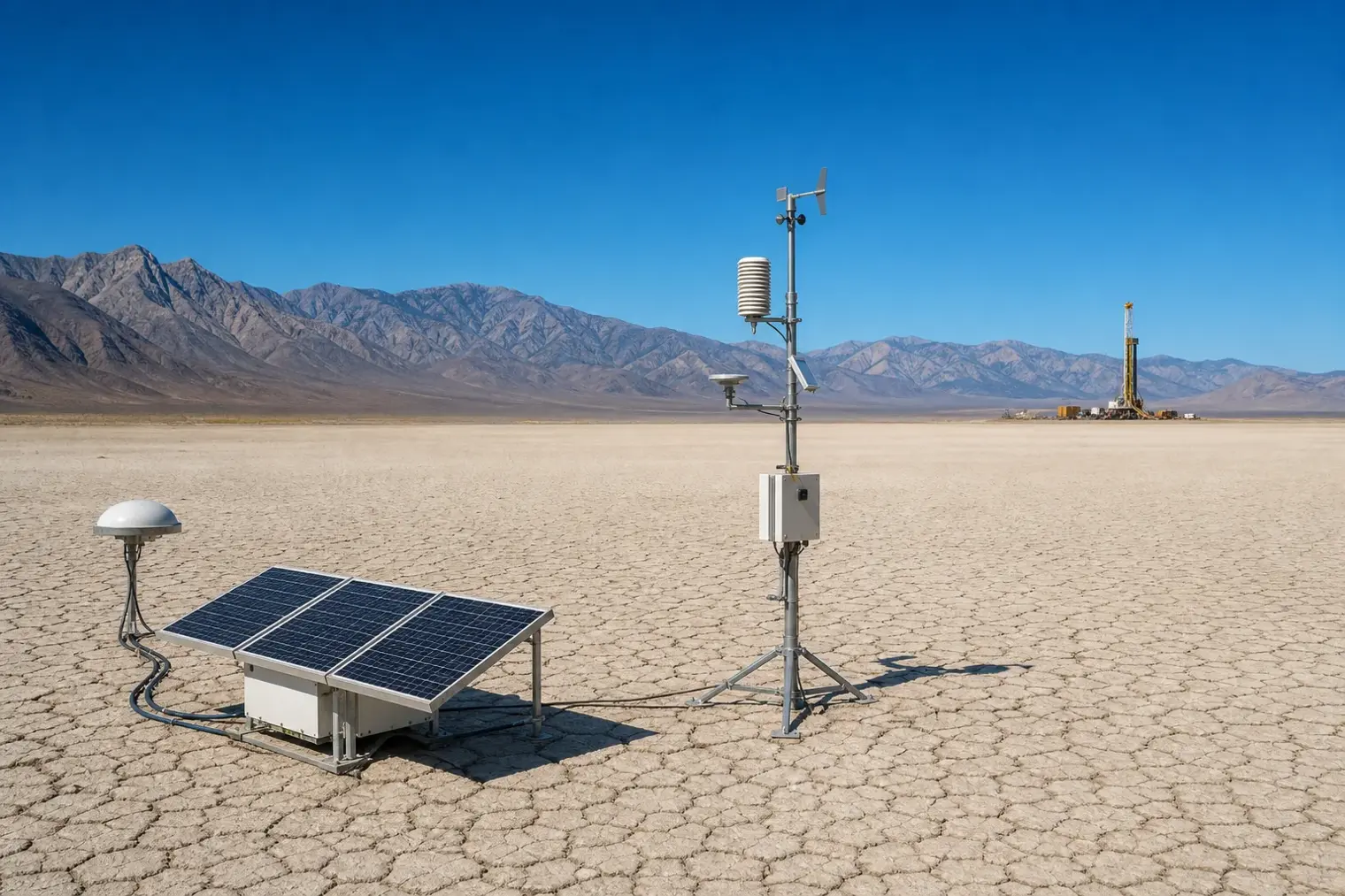 A wide view of Railroad Valley’s pale dry lakebed in Nevada, with satellite calibration equipment in the foreground and distant mountains behind it.
