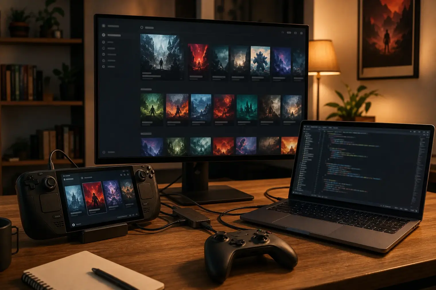 A Linux gaming handheld and desktop monitor showing a generic game library interface beside technical code windows in a home office.