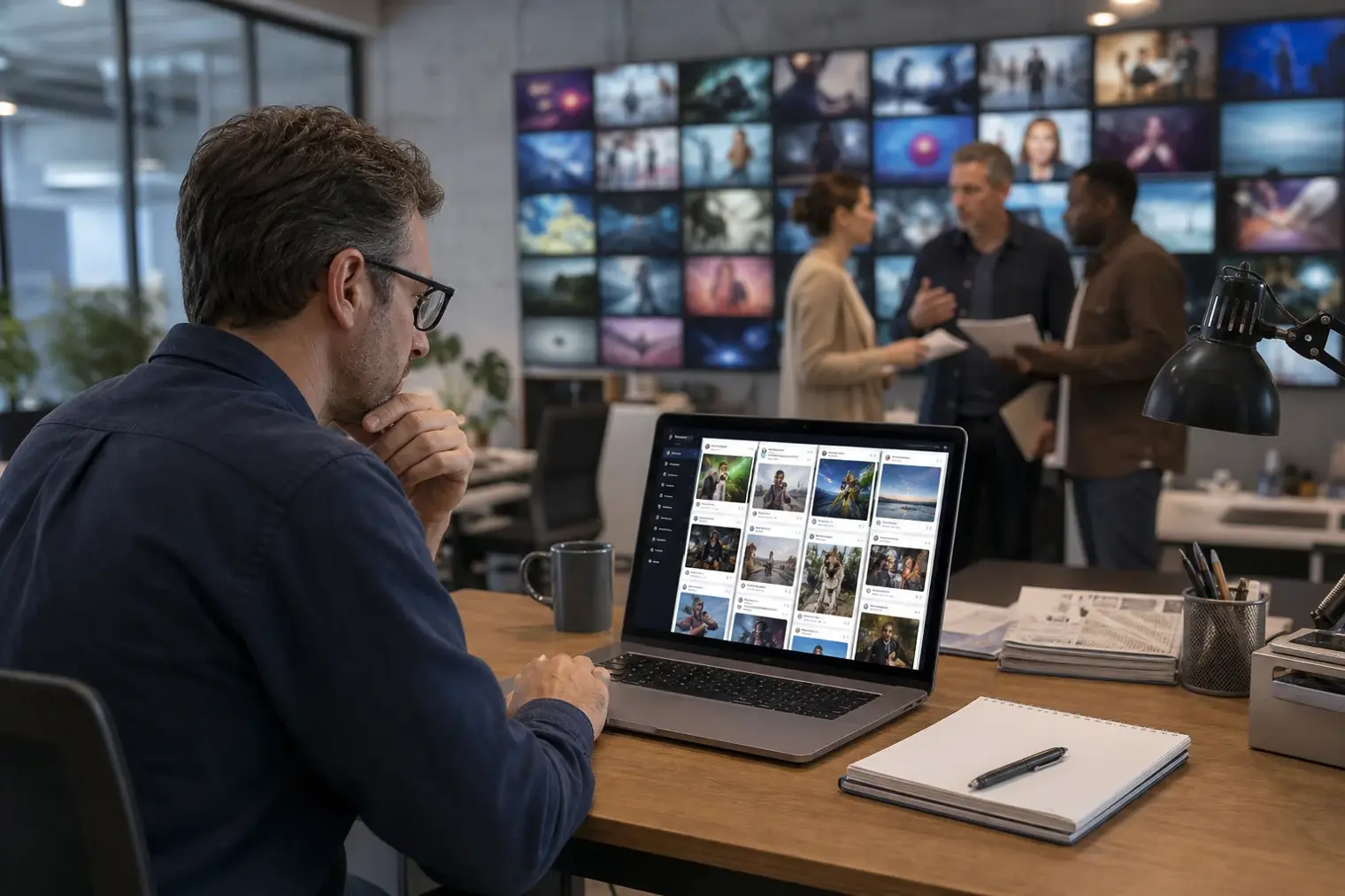 A person reviews a social media feed on a laptop while blurred synthetic images and repetitive video thumbnails recede into the background.