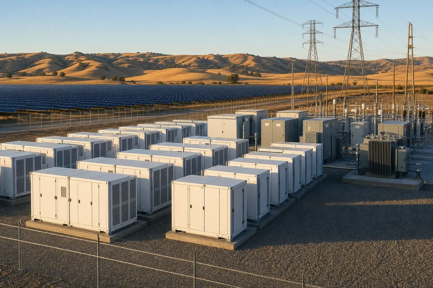 Conceptual editorial view of modular battery storage containers beside solar panels and transmission infrastructure in a dry California landscape.