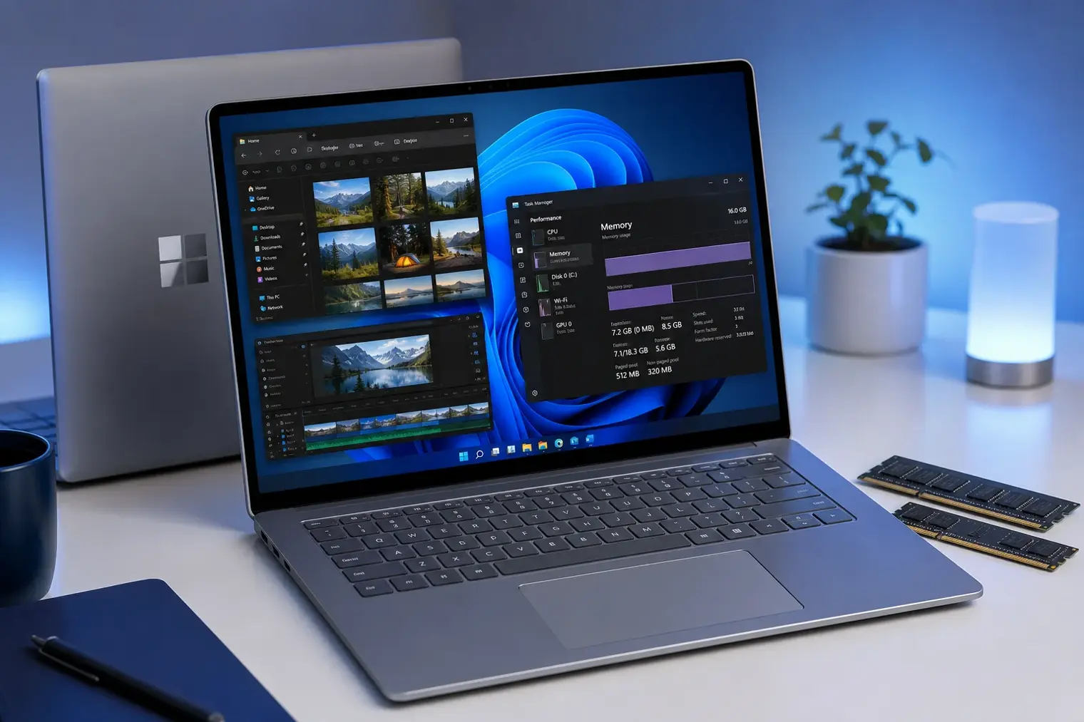 A Windows 11 laptop displaying multiple active application windows beside a RAM module, with the Microsoft logo visible on the laptop lid.