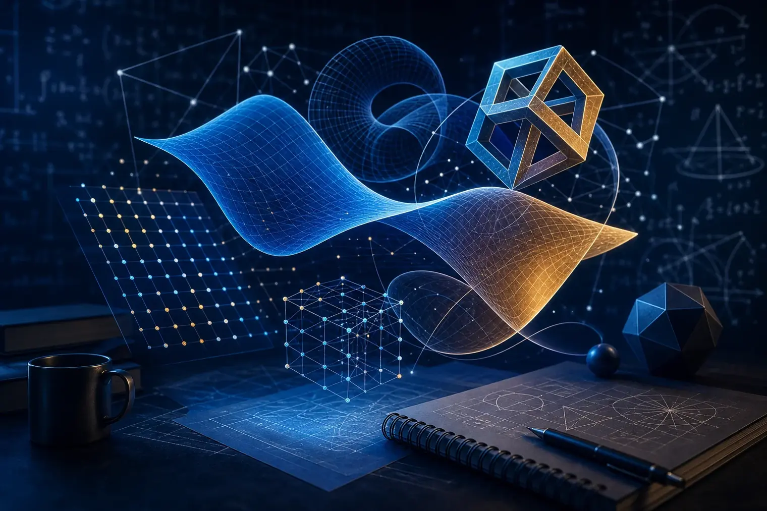 Editorial illustration of interlocking geometric surfaces, number grids and curved mathematical forms in a dark academic setting.