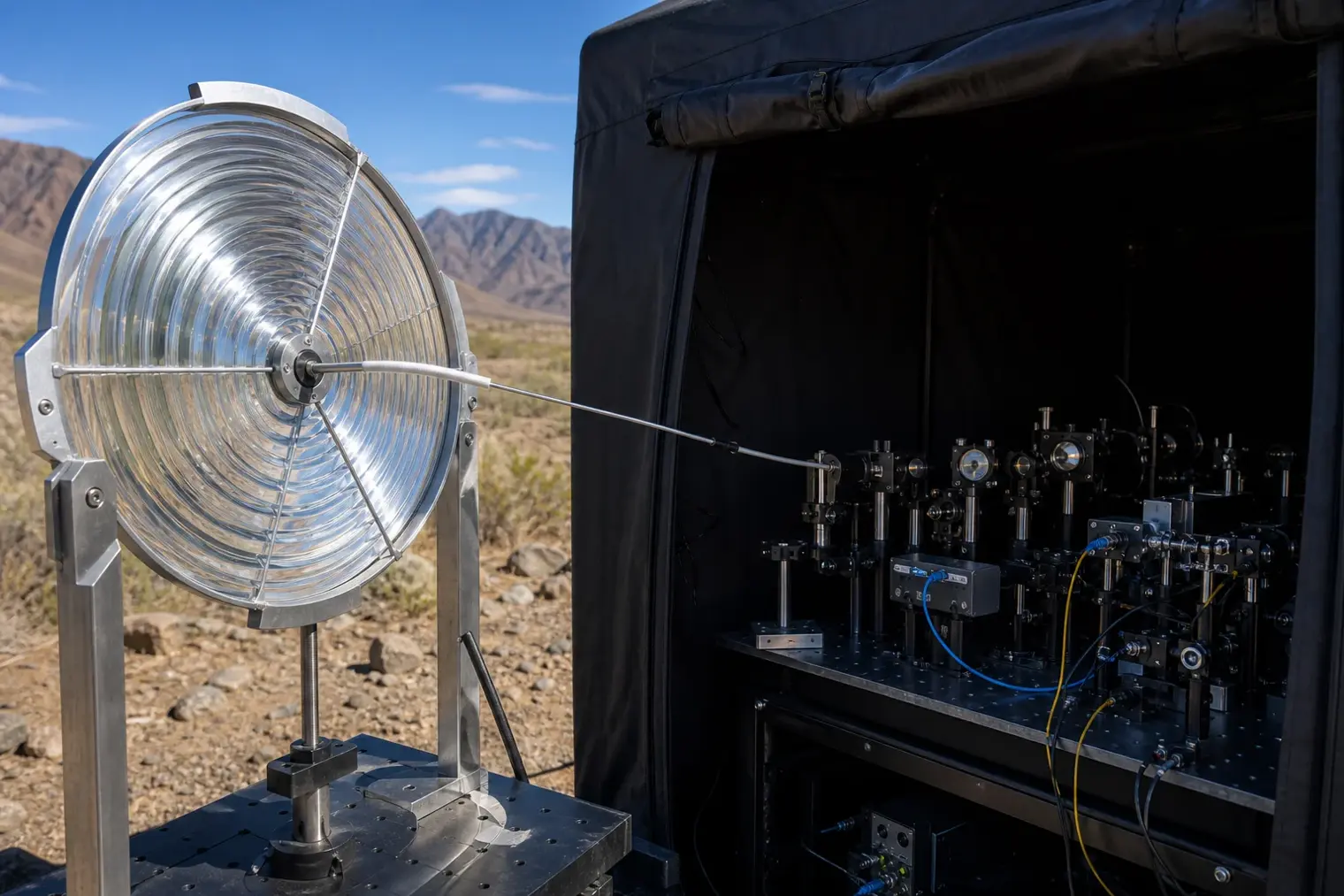 A Fresnel lens concentrating sunlight into an optical fibre connected to a sheltered quantum optics experiment.