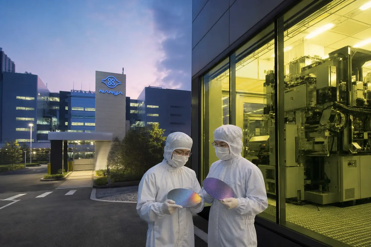 Exterior view of a modern Nanya semiconductor fabrication facility with engineers in cleanroom clothing and silicon wafers in the foreground.