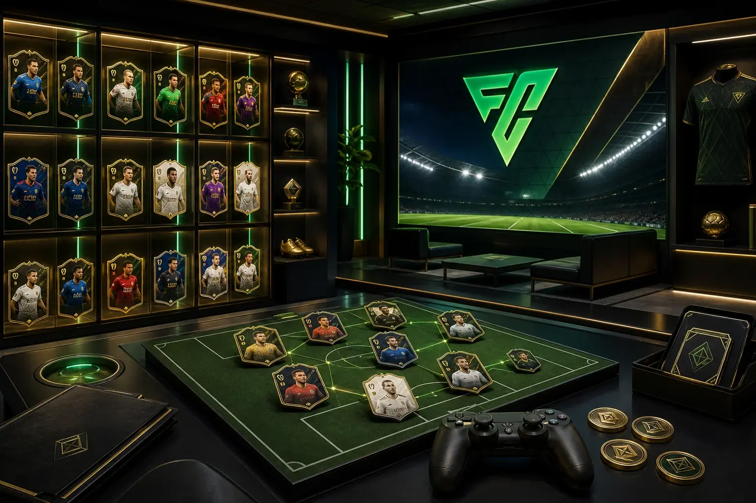 A football video game Ultimate Team collection room with player cards displayed in illuminated cases and a tactical squad table in the foreground.