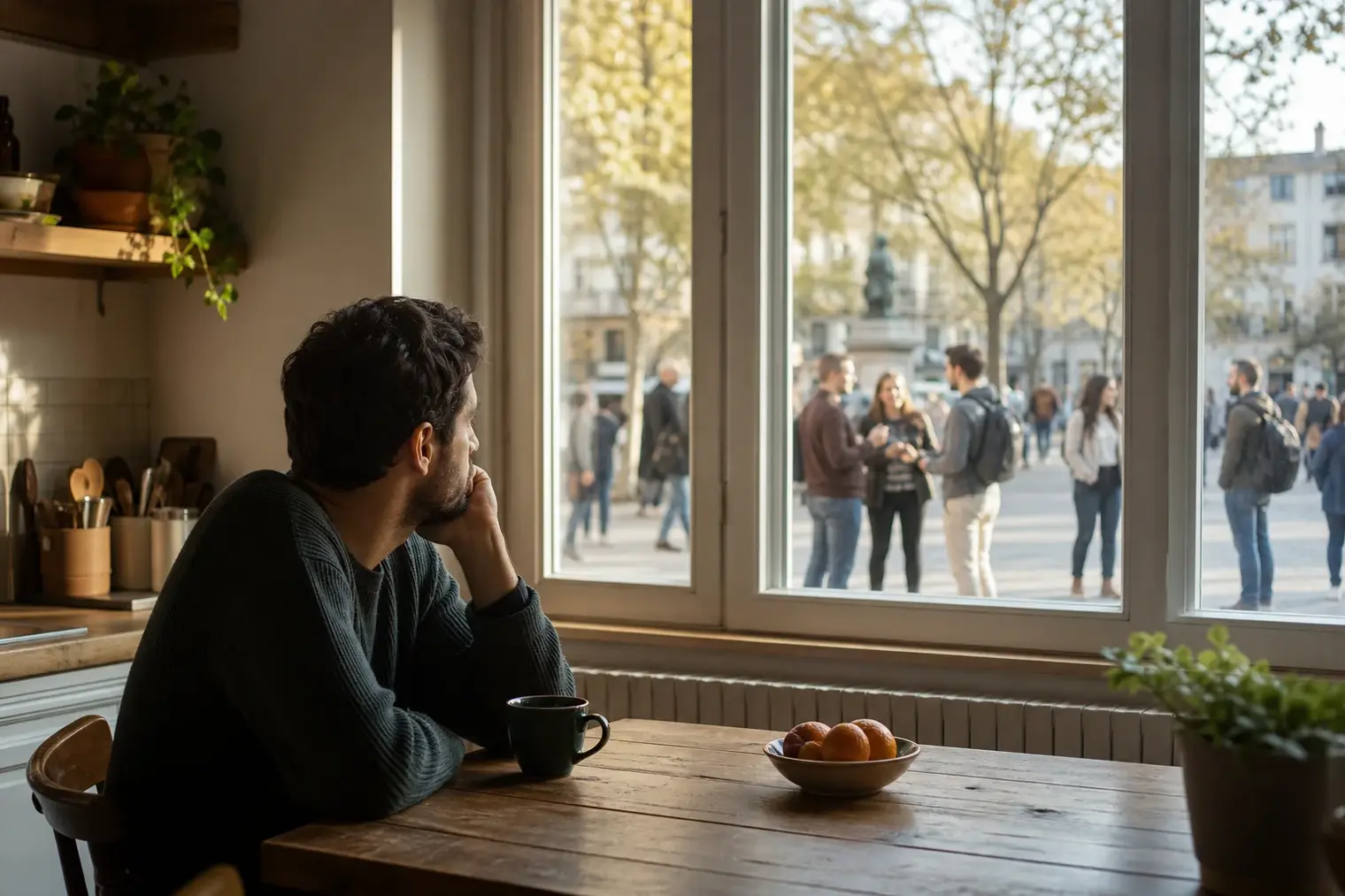 An adult sitting quietly at a kitchen table by a window while blurred groups of people connect outside in a public square.