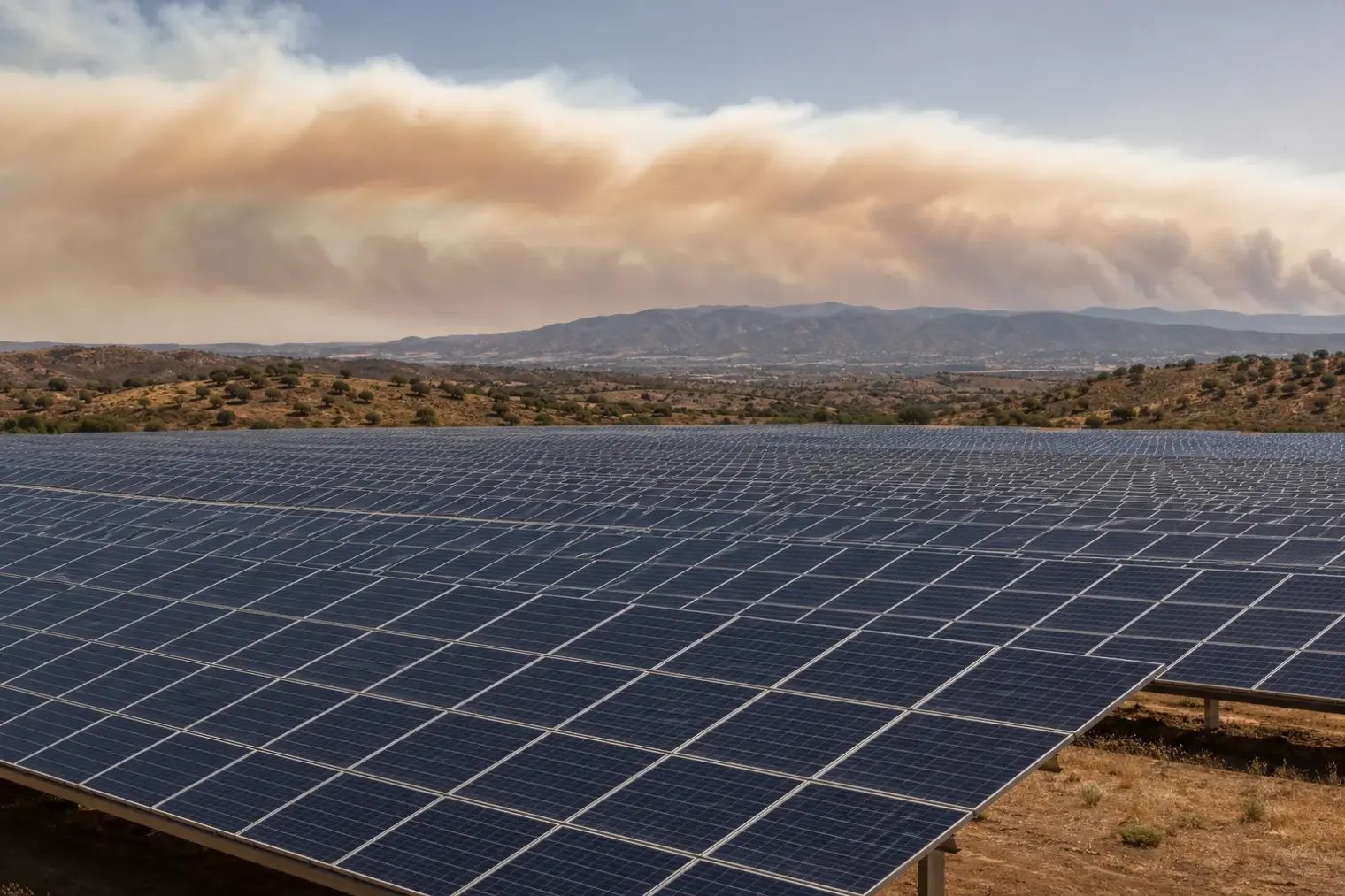 A large solar farm under a hazy orange sky, with a distant wildfire smoke plume crossing the horizon.