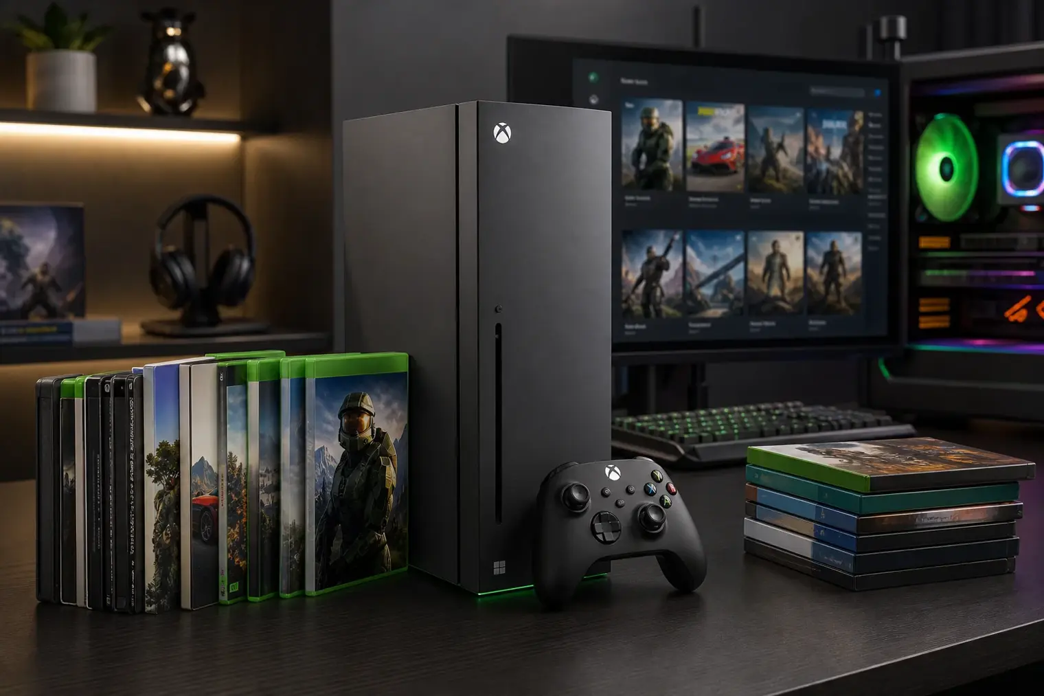 A modern Xbox-style console with a controller, classic game cases and a Windows gaming PC in a studio setting.