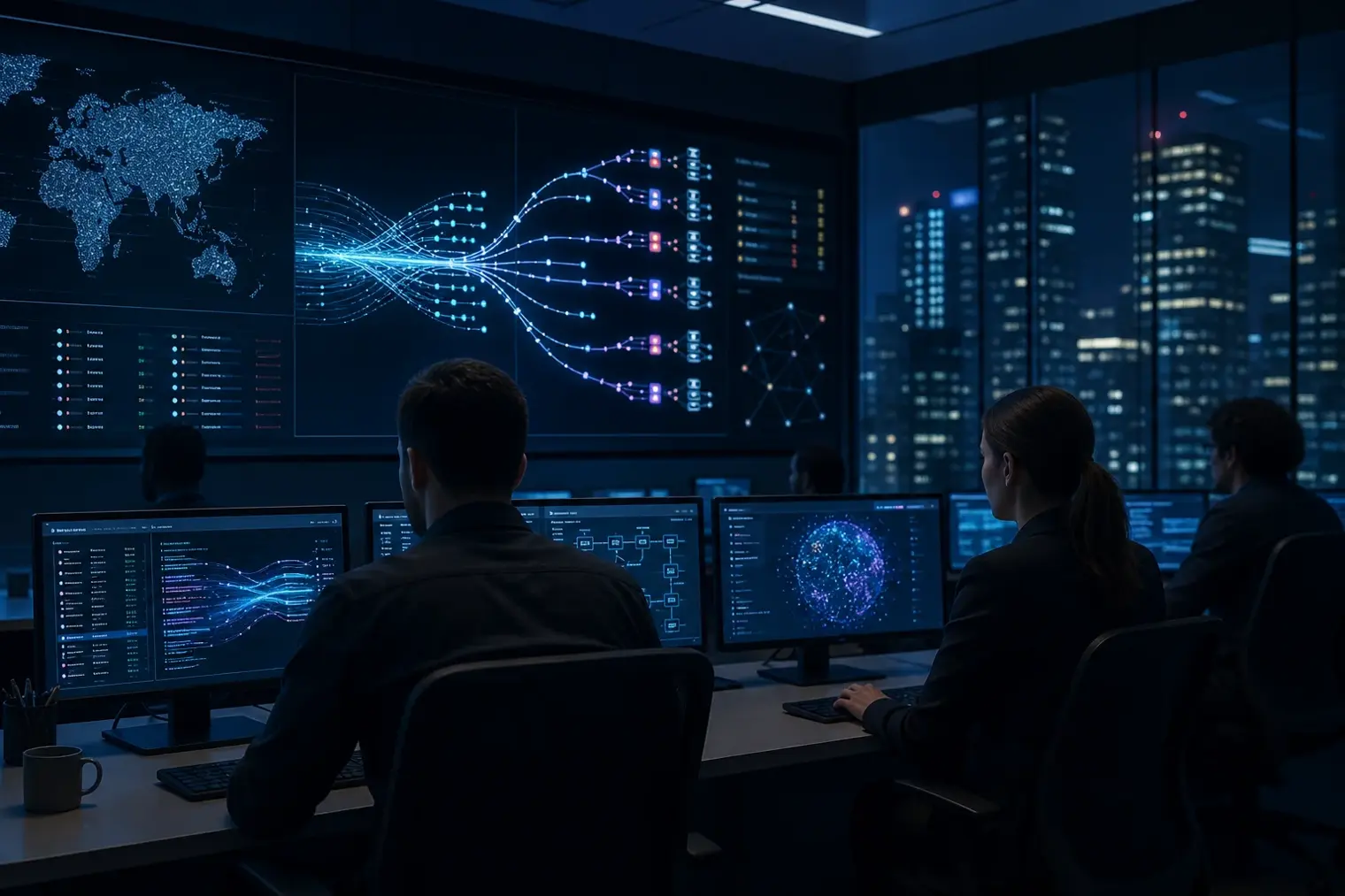 A security operations centre monitors network activity across connected servers and autonomous AI agent workflows.