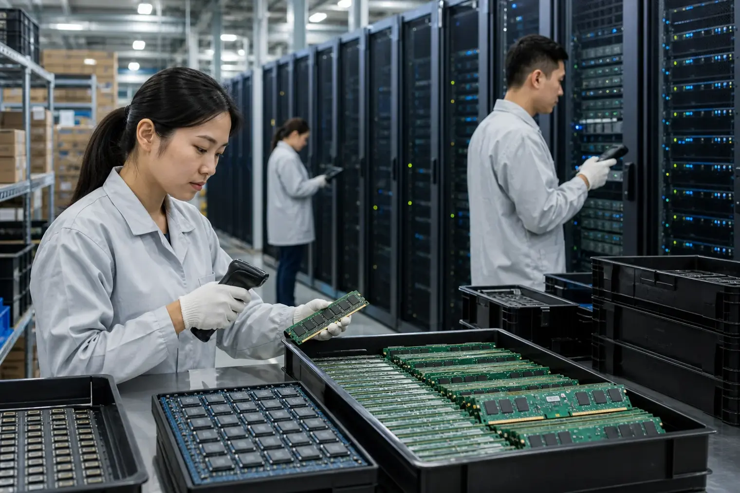 A server rack beside trays of DRAM chips and memory modules in a semiconductor supply-chain warehouse.