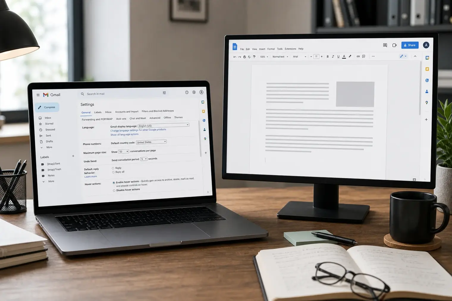 A laptop showing Gmail settings beside a Google Docs document, with the Google logo visible on the screen.
