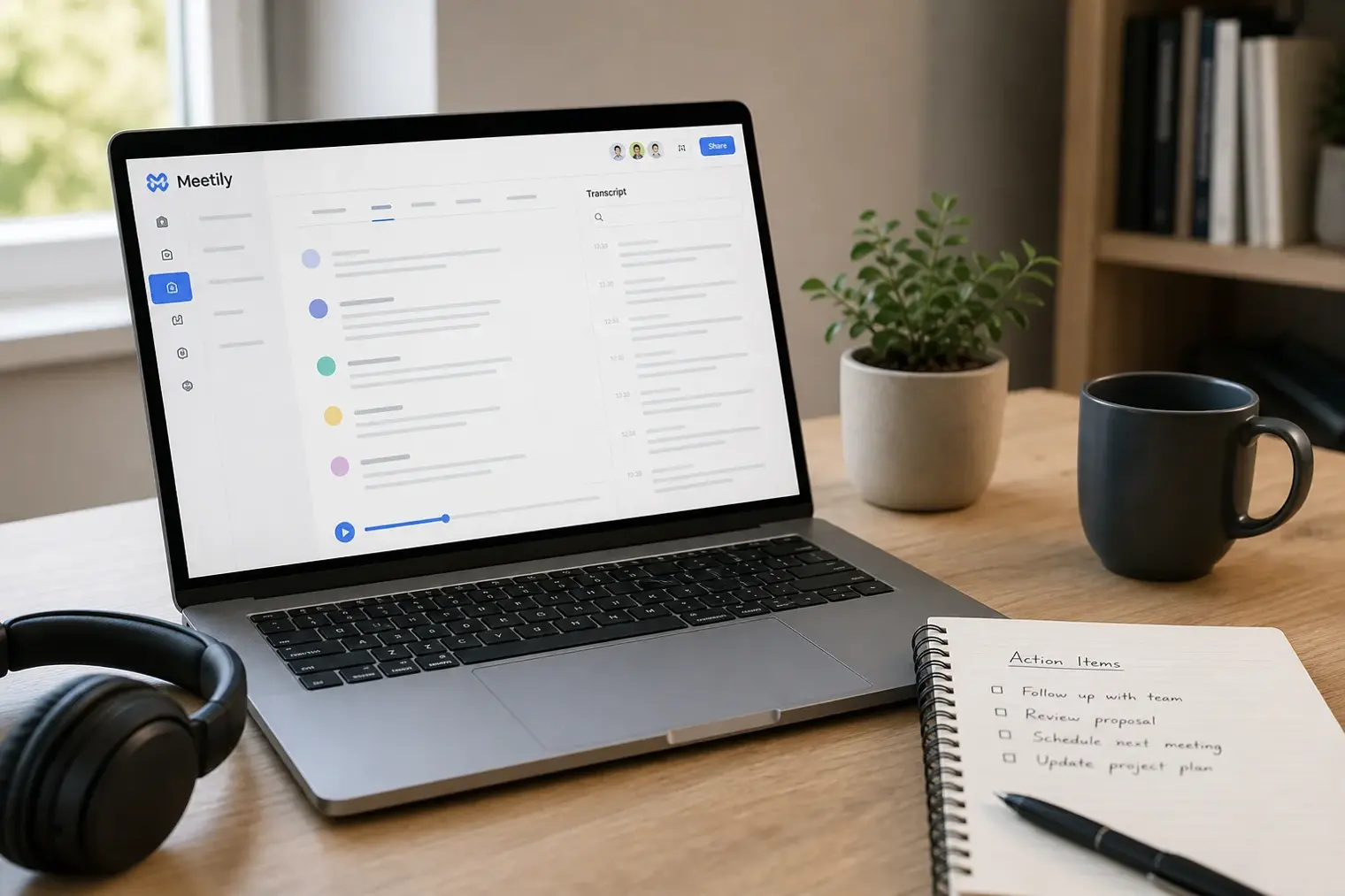 A laptop displaying a local meeting transcript beside handwritten notes and headphones in a private home office.