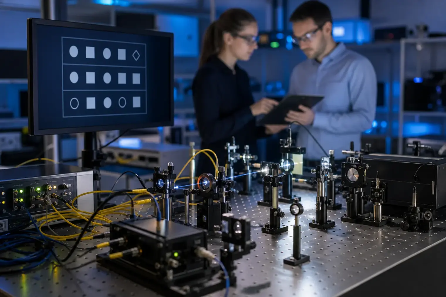 A laboratory optical quantum network with fibre cables, photon detectors and a small anonymous voting interface.