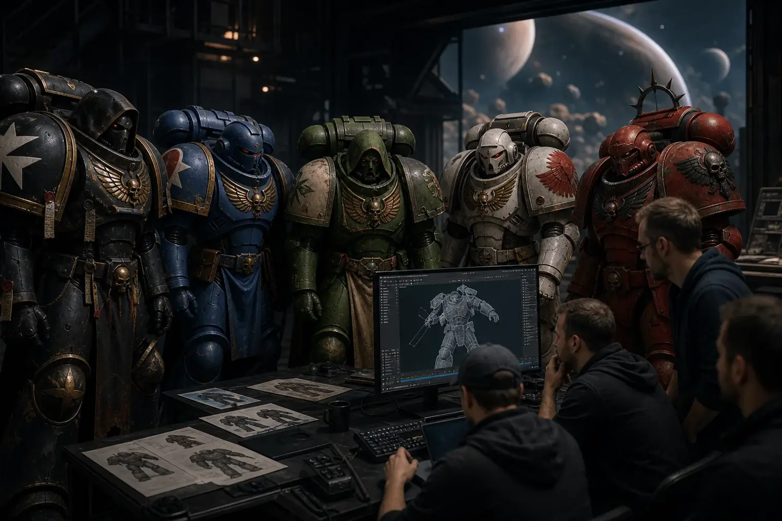 A cinematic science-fiction production scene with armoured Space Marines standing in a dark futuristic hangar beside animation monitors.