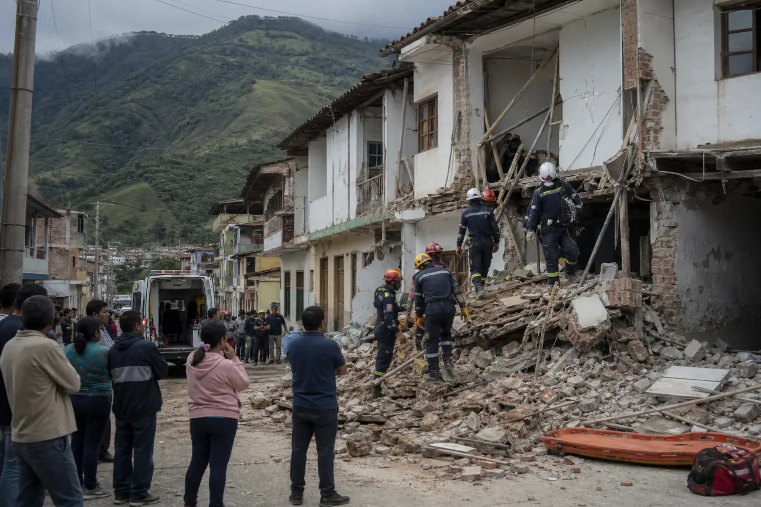 Emergency workers inspect damaged buildings on a street in western Colombia after an earthquake, with mountains in the distance.