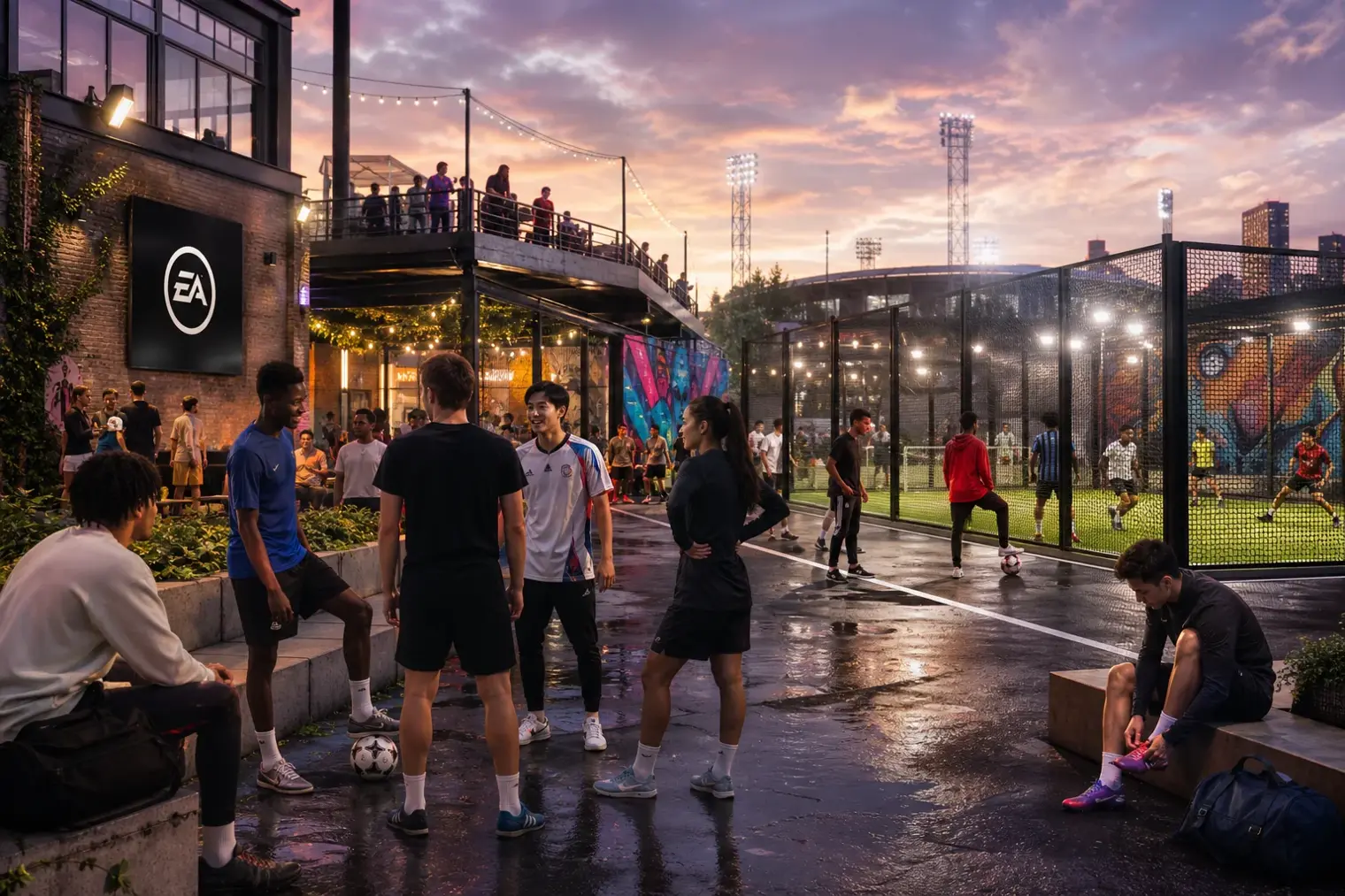 Players gather in a modern urban football hub around small-sided pitches before an online match in EA Sports FC 27.