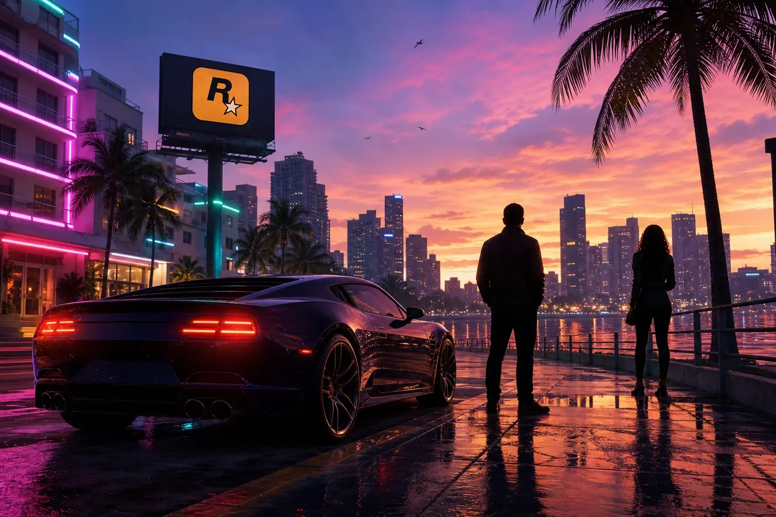 A neon-lit Miami-inspired boulevard at night with a Rockstar Games logo on a billboard, a sports car and two silhouetted figures.