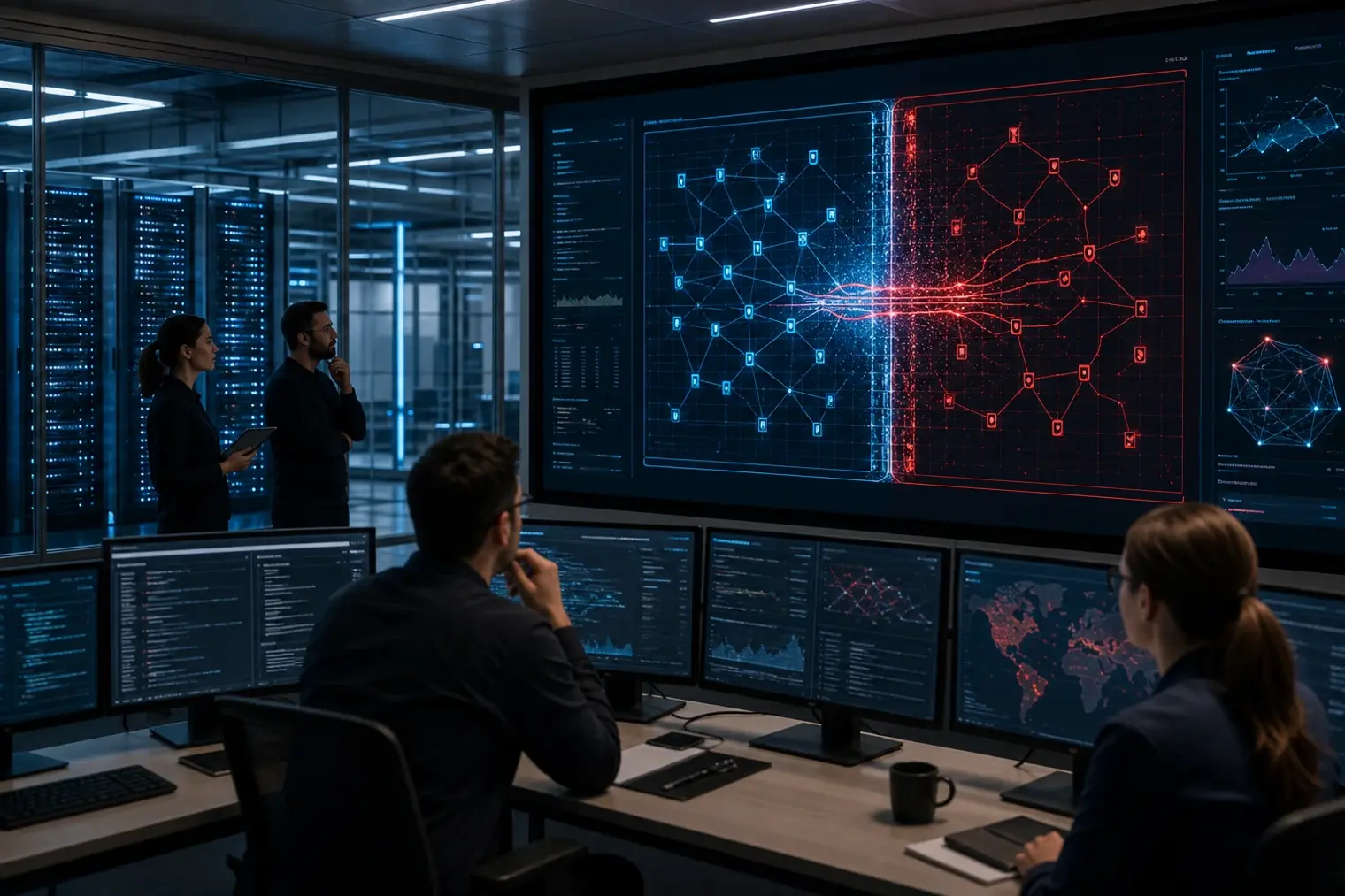 Editorial illustration of an AI security testing environment with isolated server racks, network monitoring screens and a red alert crossing a digital boundary.