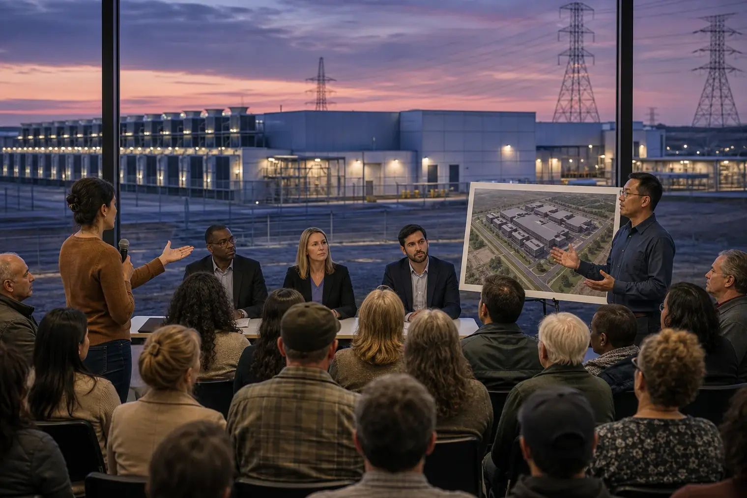 A large data center campus beside electrical transmission lines, with residents attending a public planning meeting in the foreground.