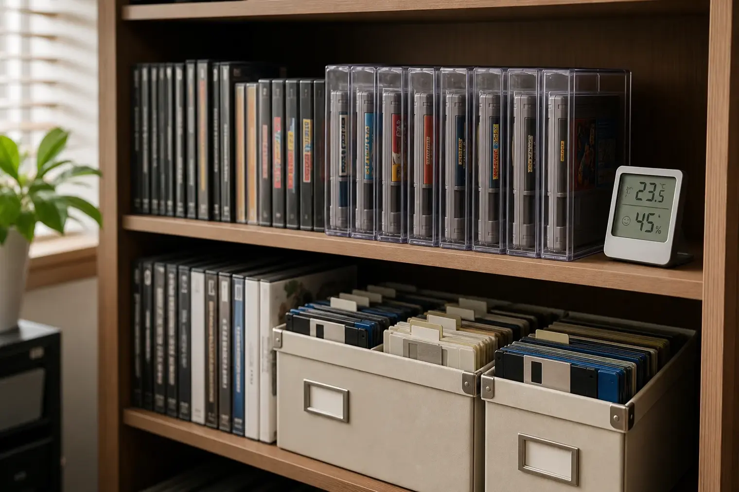 A neatly organised home game collection with cartridge cases, optical disc cases and floppy disks stored upright on a shelf.