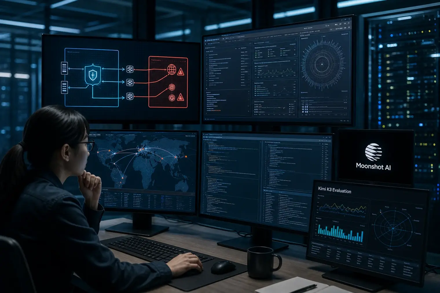 An AI security analyst monitors a contained agent test on several screens while a network access warning is displayed.
