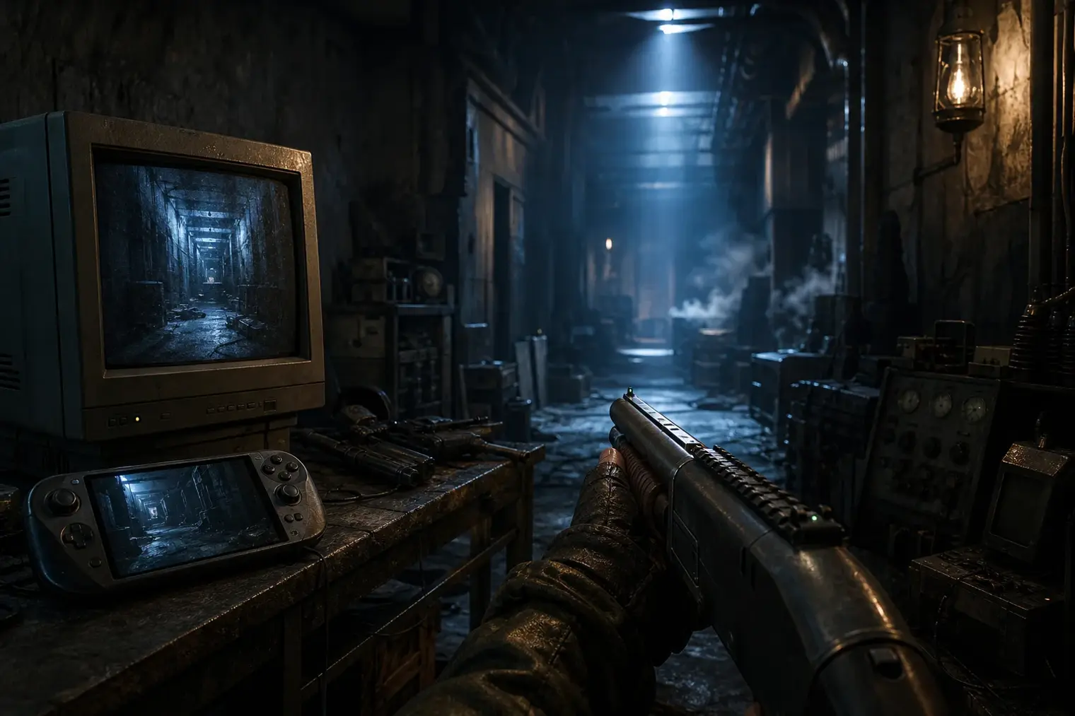 A dark industrial corridor inspired by a 2009-era supernatural first-person shooter, with a vintage computer monitor and a modern handheld gaming device.